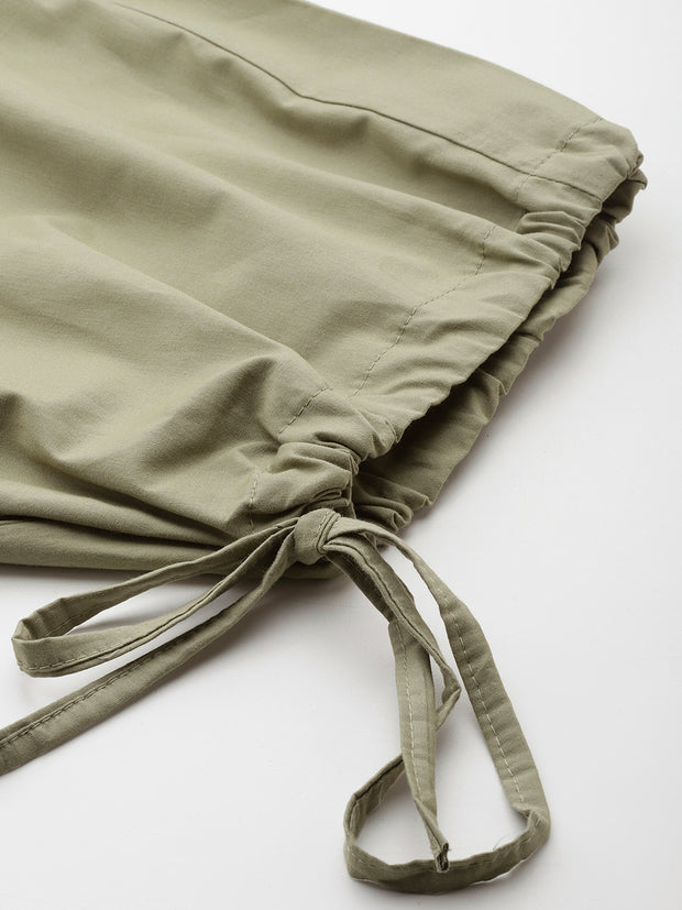 Green Loose Fit High-Rise Pure Cotton Parachute Cargo Trouser