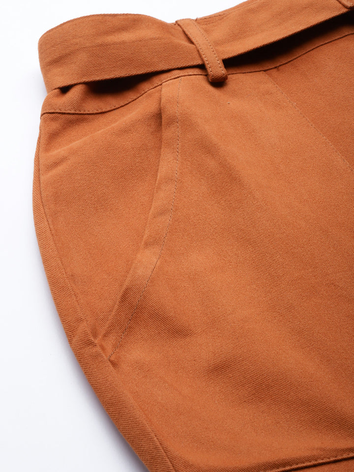 Women Rust Orange Cotton Cropped Cargo Joggers with Belt