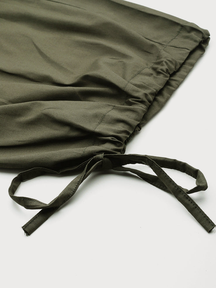 Olive Green Loose Fit High-Rise Pure Cotton Parachute Cargo Trouser