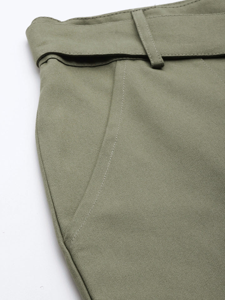 Women Olive Green  Cotton Cropped Cargo Joggers with Belt