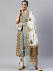 Women Green Floral Printed Angrakha Pure Cotton Kurta with Trousers & With Dupatta