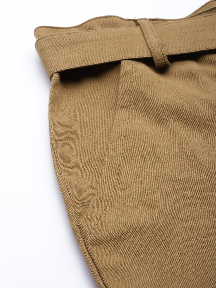 Women Khaki High-Rise Cargo Joggers with Belt