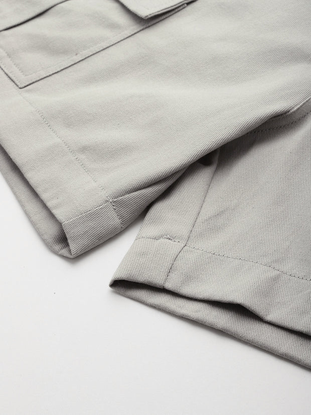 Grey High-Rise Pure Cotton Cargo Shorts