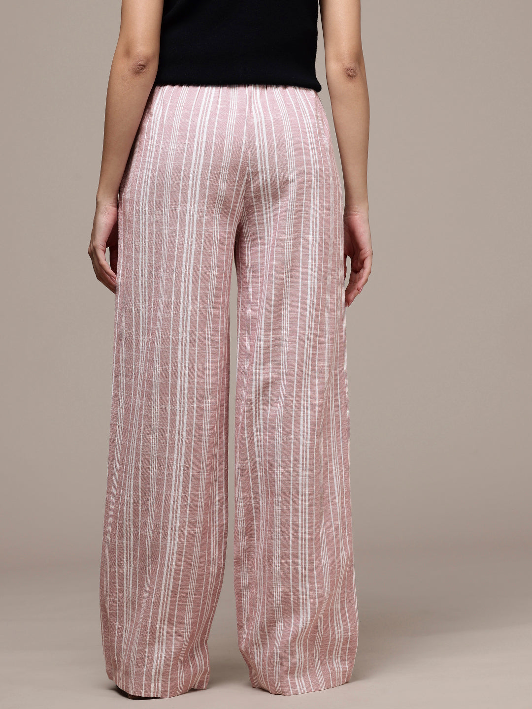 Popnetic Women Striped Cotton-Linen Wide Leg Trousers