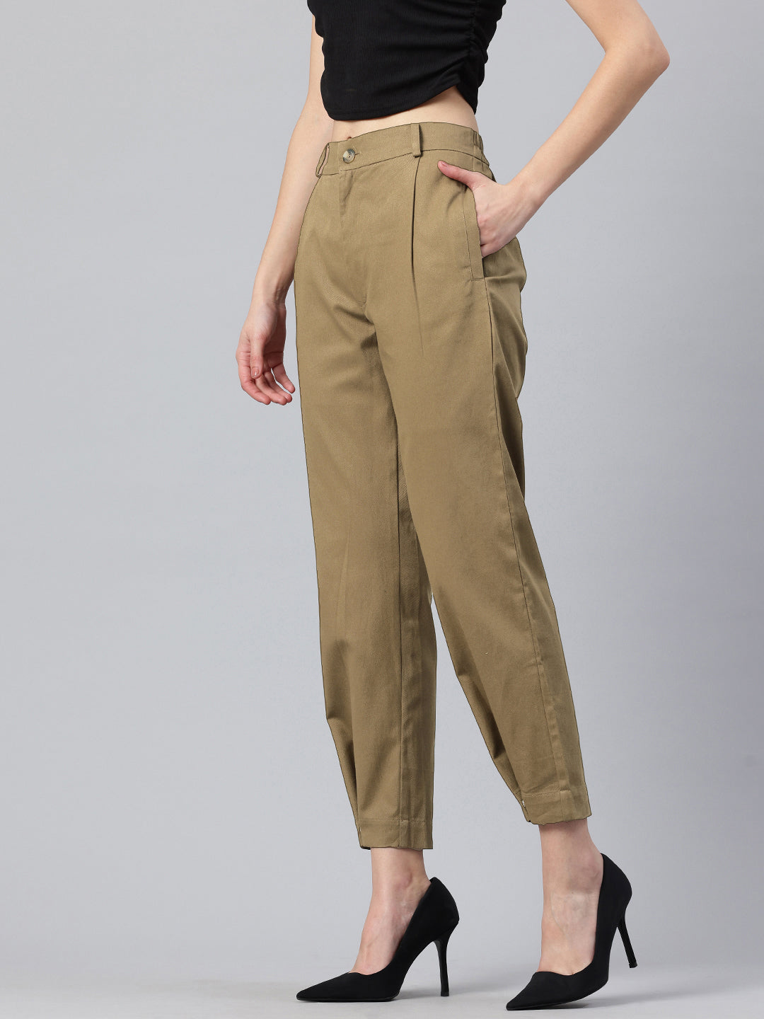 Popnetic Women Tapered Fit High-Rise Pleated Pure Cotton Chinos Trousers