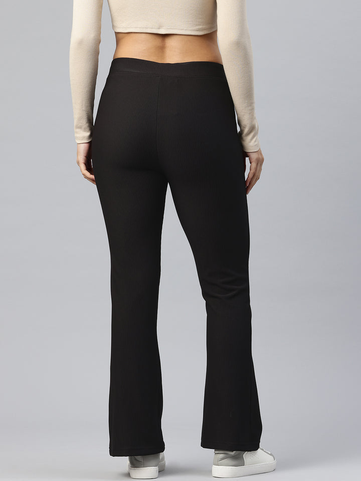 Popnetic Women Ribbed Flared High-Rise Trousers