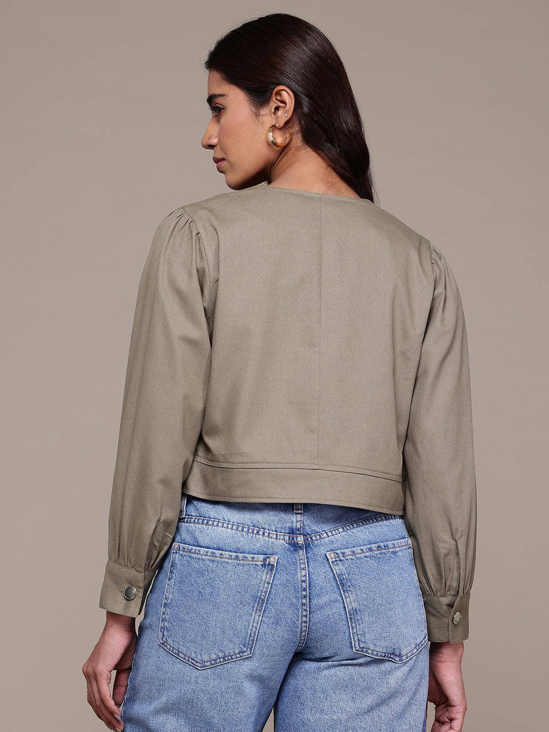 Popnetic Collarless Pure Cotton Crop Tailored Jacket
