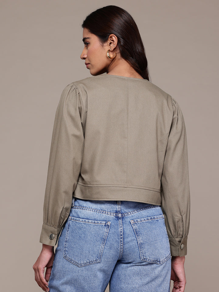 Popnetic Collarless Pure Cotton Crop Tailored Jacket
