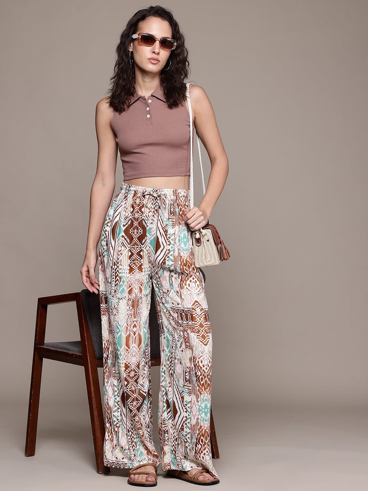 Popnetic Women Abstract Printed Relaxed Fit High-Rise Wide Leg Trousers