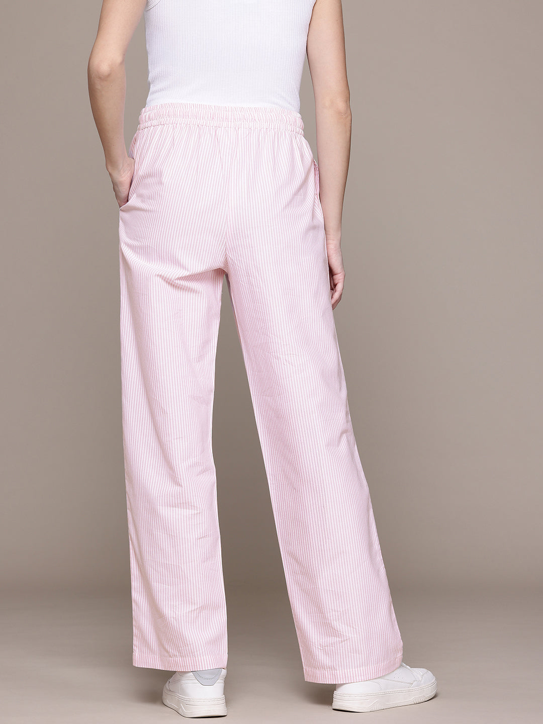 Popnetic Women Striped Smart High-Rise Cotton Linen Trousers