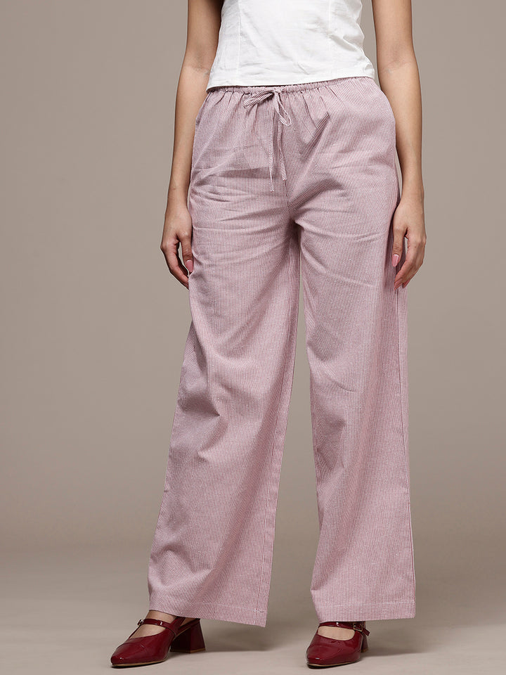 Popnetic Women Striped Cotton-Linen Wide Leg Trousers