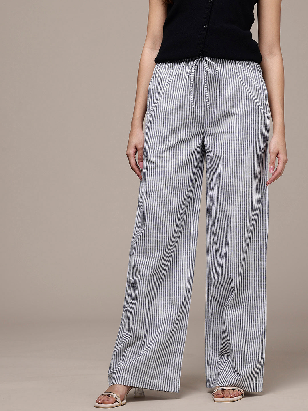 Popnetic Women Striped Cotton-Linen Wide Leg Trousers