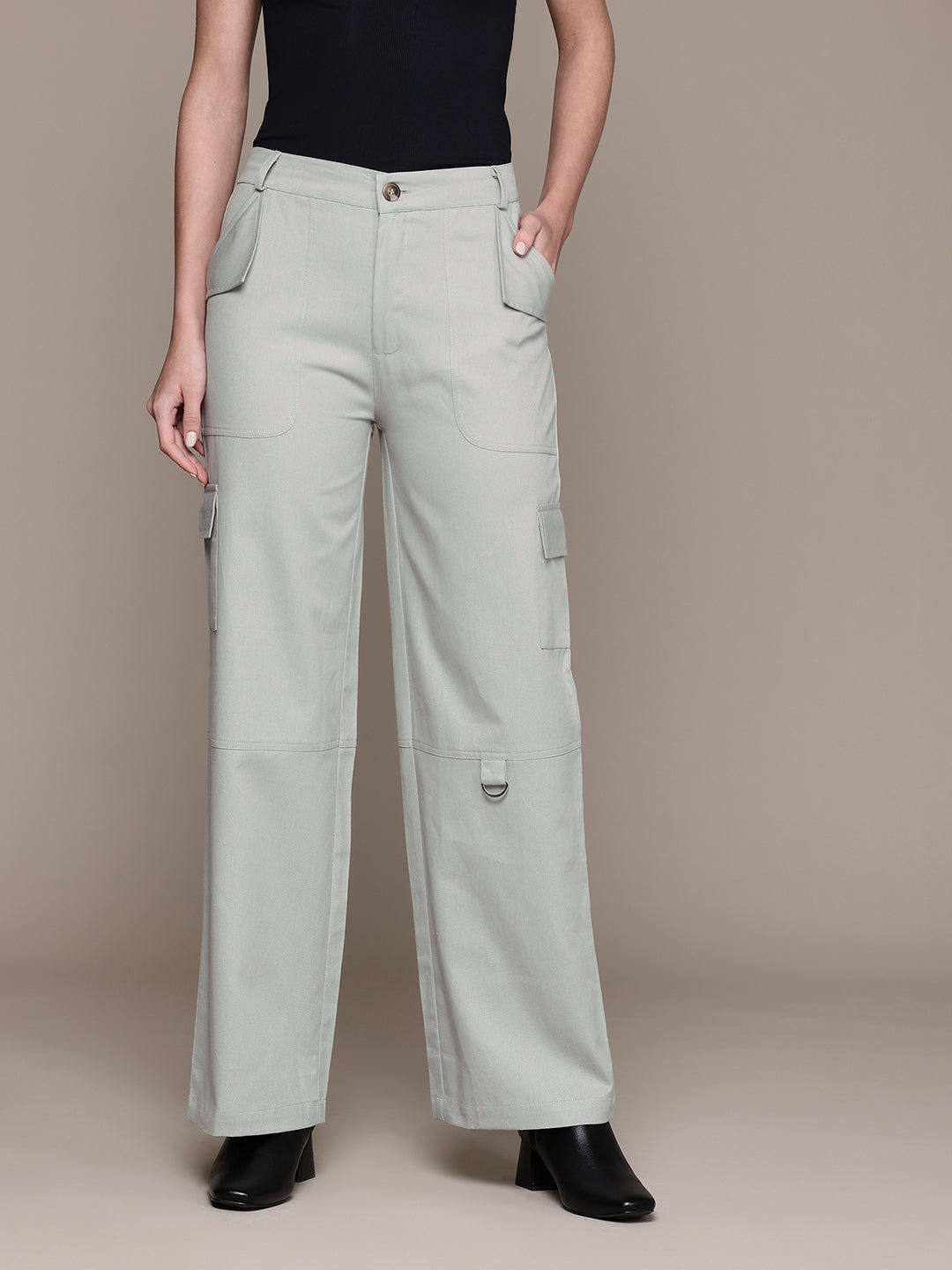 Popnetic Women High-Rise Pure Cotton Twill Weave Cargo-Style Wide Leg Trousers