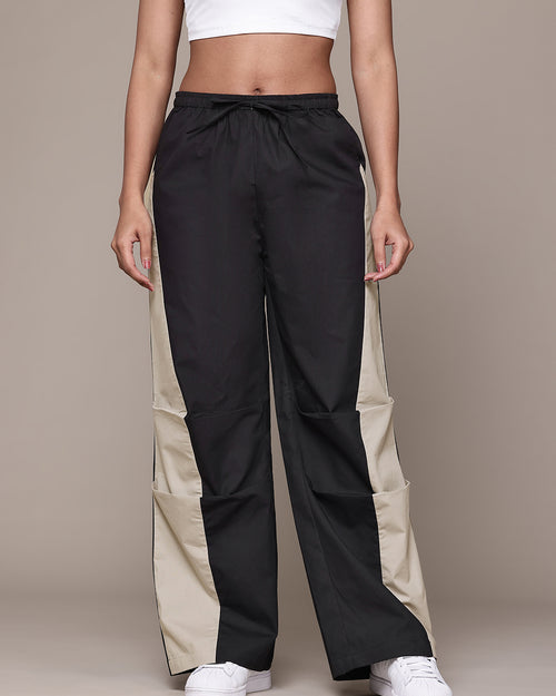 Popnetic Women Colourblocked High-Rise Pure Cotton Wide Leg Fit Parachute Trousers