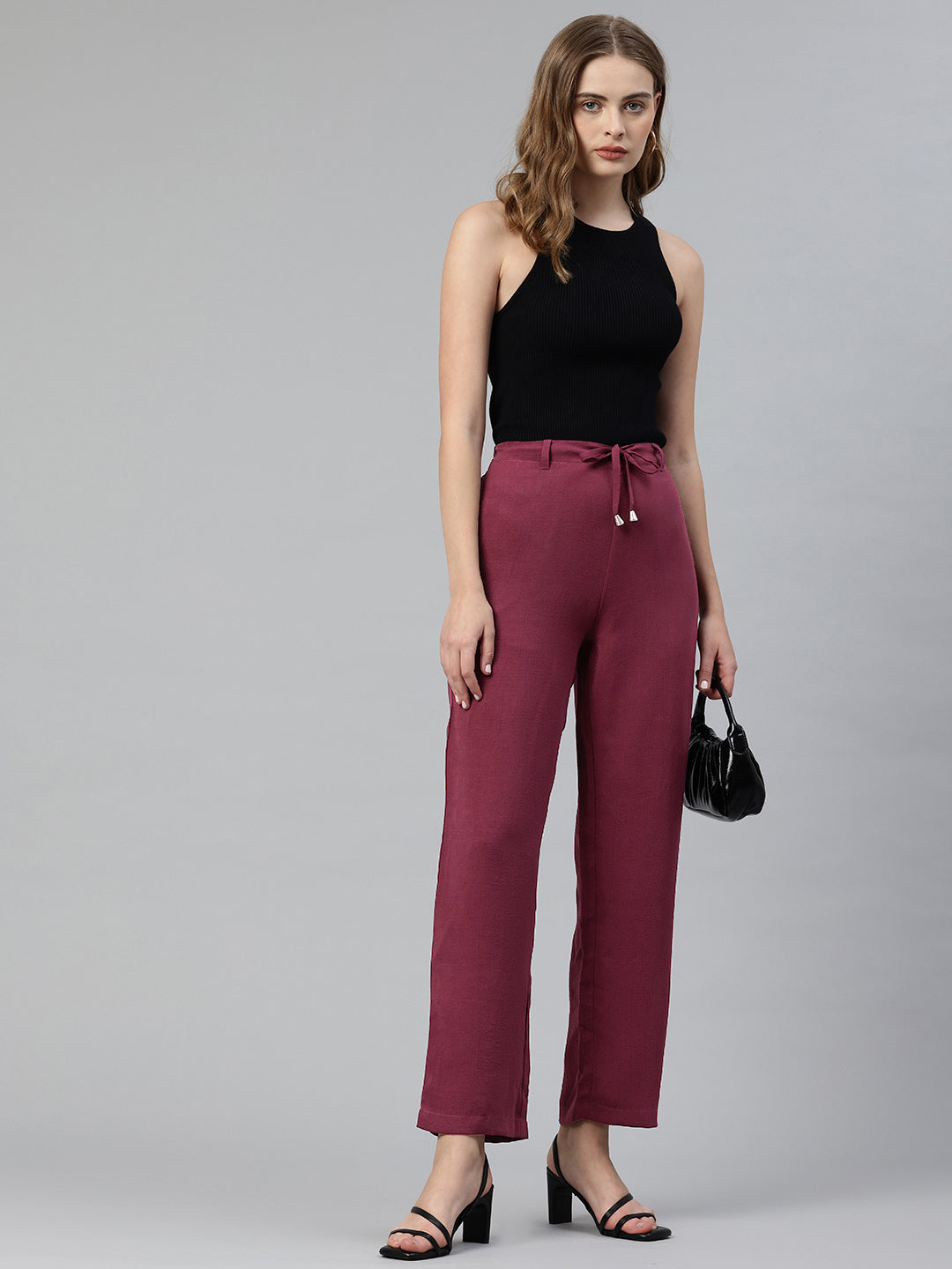 Popnetic Women Textured High-Rise Straight Fit Parallel Trousers