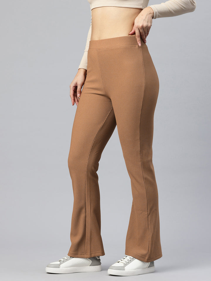 Popnetic Women Ribbed Flared High-Rise Trousers