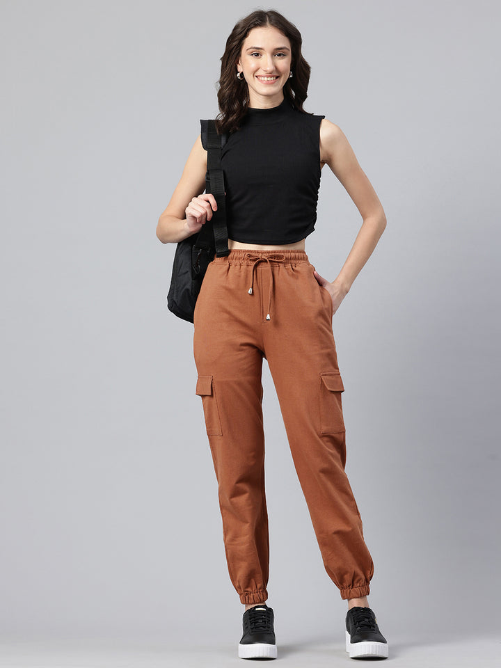 Popnetic Women Pure Cotton High-Rise Cargo Style Joggers Trousers