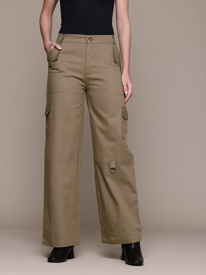 Popnetic Women High-Rise Pure Cotton Twill Weave Cargo-Style Wide Leg Trousers