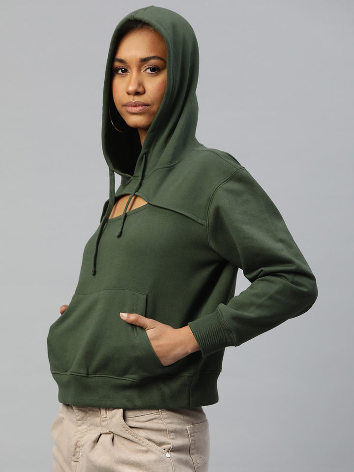 Popnetic Women Solid Cut-Out Detail Hooded Sweatshirt