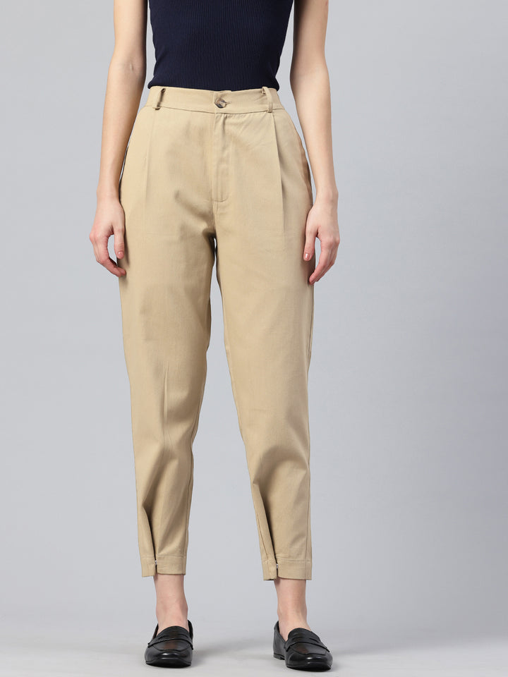 Popnetic Women Tapered Fit High-Rise Pleated Pure Cotton Chinos Trousers