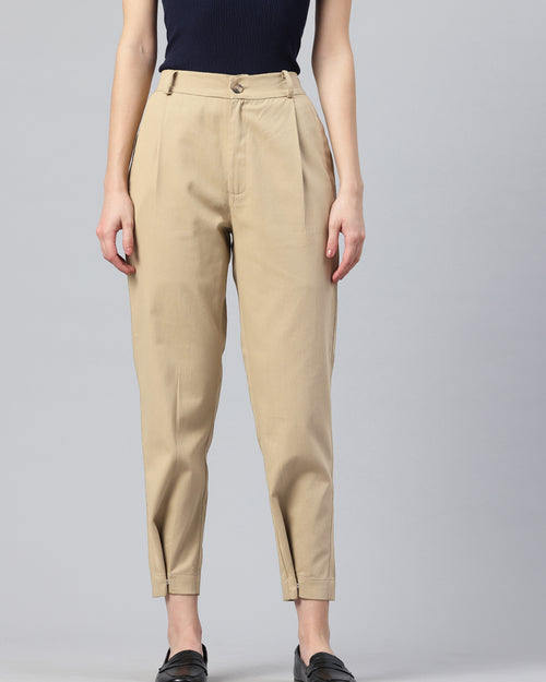 Popnetic Women Tapered Fit High-Rise Pleated Pure Cotton Chinos Trousers