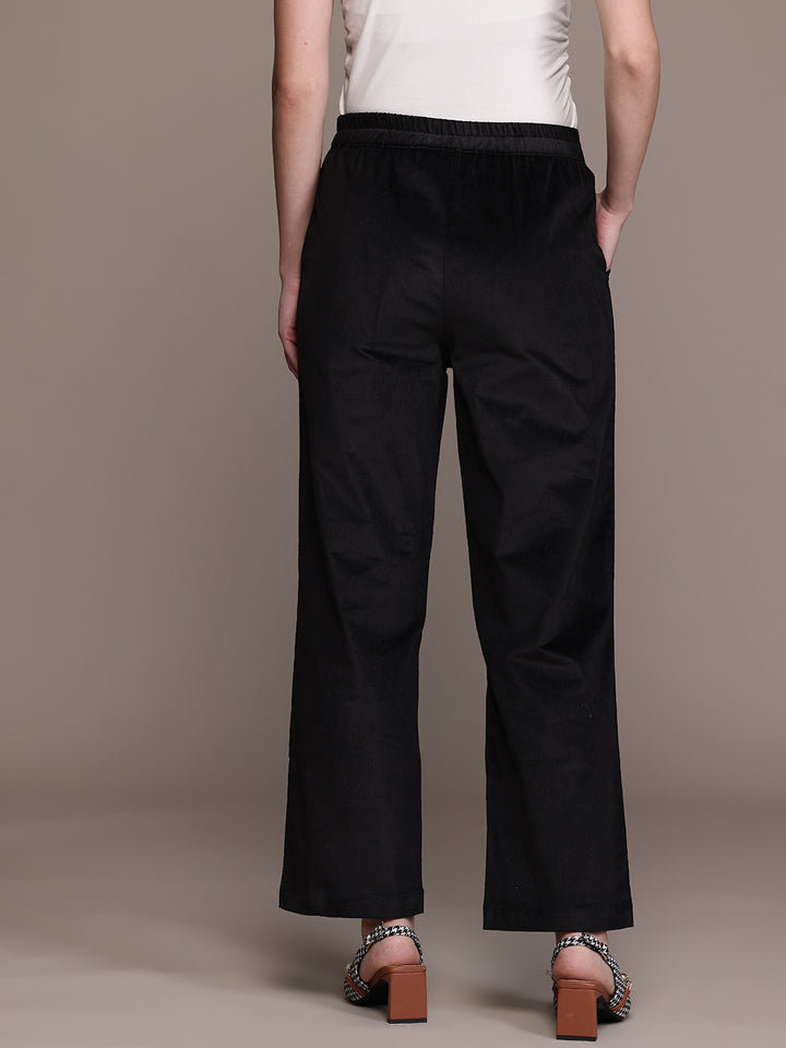 Popnetic Women Smart Straight Fit High-Rise Corduroy Pleated Trousers