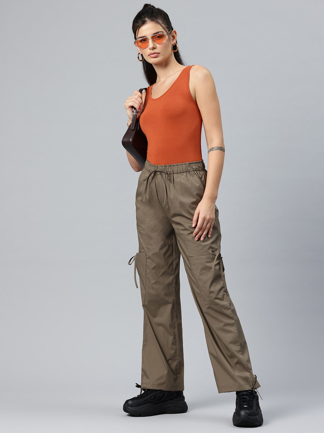 Popnetic Women Loose Fit High-Rise Parachute Cargo Trousers