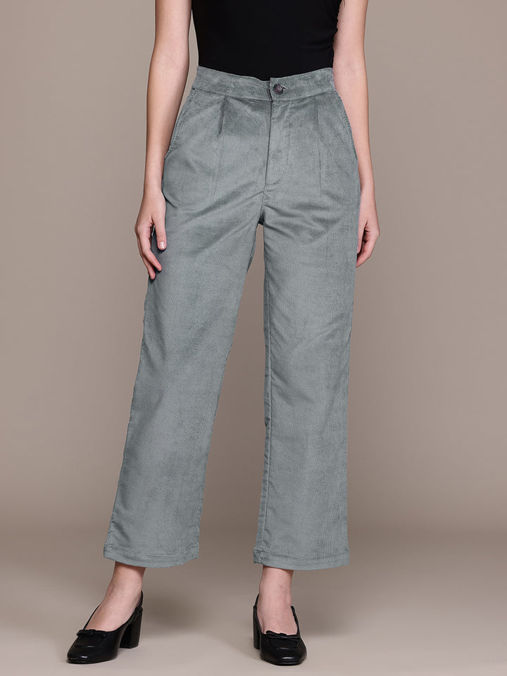 Popnetic Women Smart Straight Fit High-Rise Corduroy Pleated Trousers
