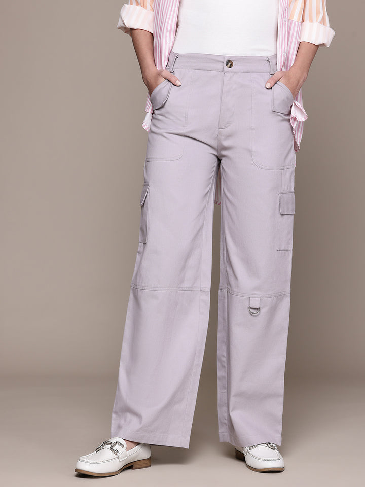 Popnetic Women High-Rise Pure Cotton Twill Weave Cargo-Style Wide Leg Trousers