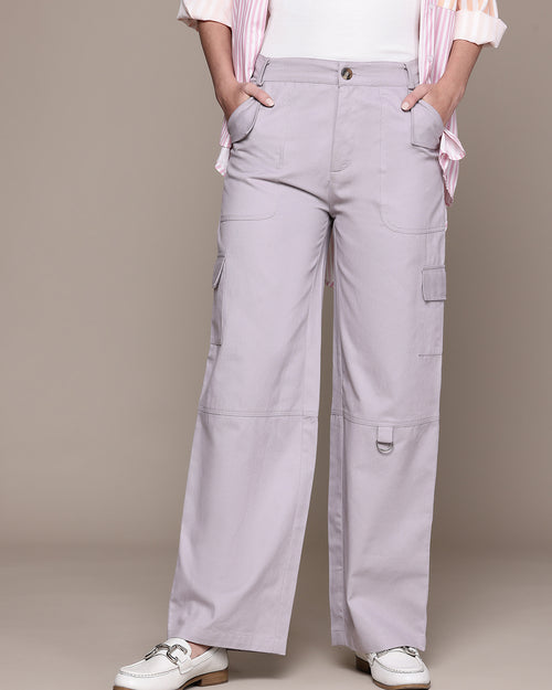 Popnetic Women High-Rise Pure Cotton Twill Weave Cargo-Style Wide Leg Trousers