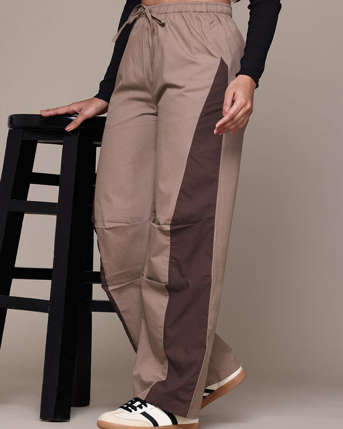 Popnetic Women Colourblocked High-Rise Pure Cotton Wide Leg Fit Parachute Trousers