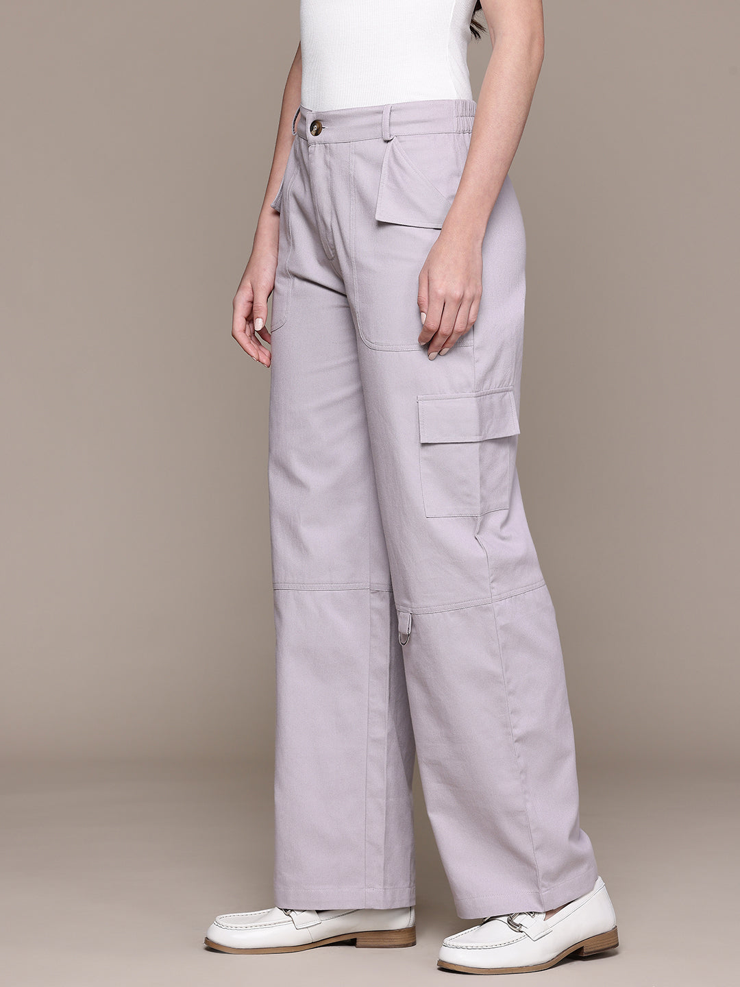 Popnetic Women High-Rise Pure Cotton Twill Weave Cargo-Style Wide Leg Trousers