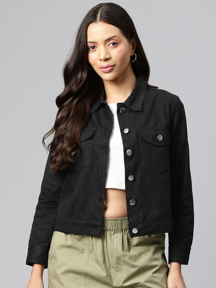 Popnetic Women Solid Pure Cotton Denim Jacket