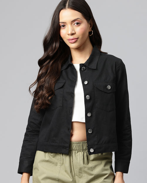Popnetic Women Solid Pure Cotton Denim Jacket