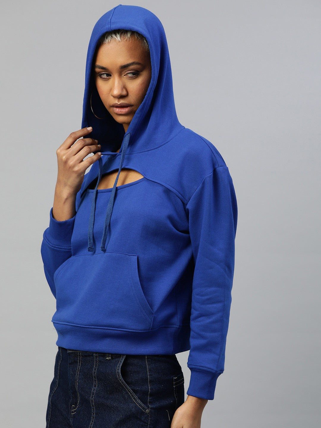 Popnetic Women Solid Cut-Out Detail Hooded Sweatshirt