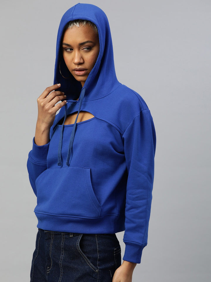 Popnetic Women Solid Cut-Out Detail Hooded Sweatshirt