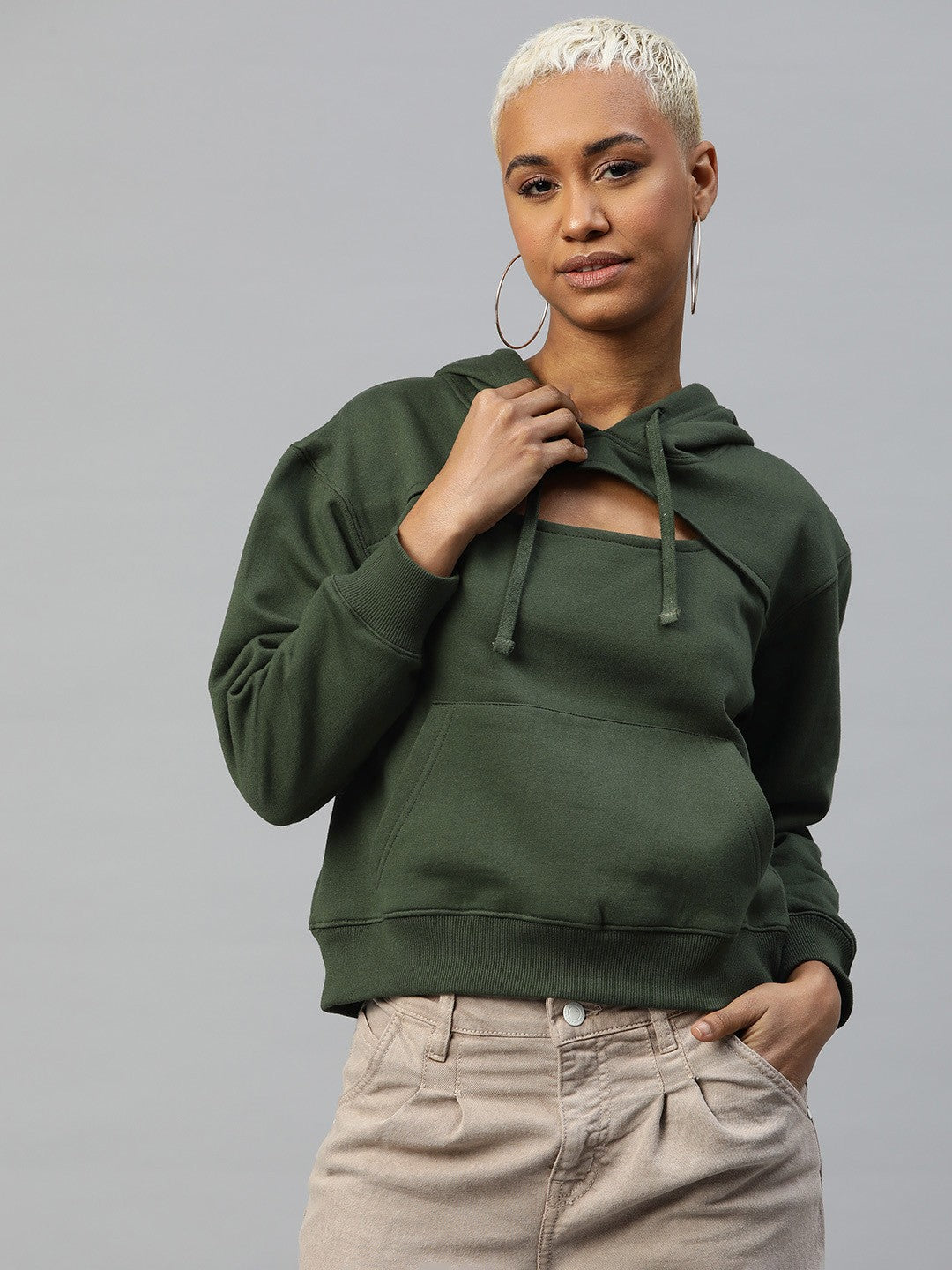 Popnetic Women Solid Cut-Out Detail Hooded Sweatshirt