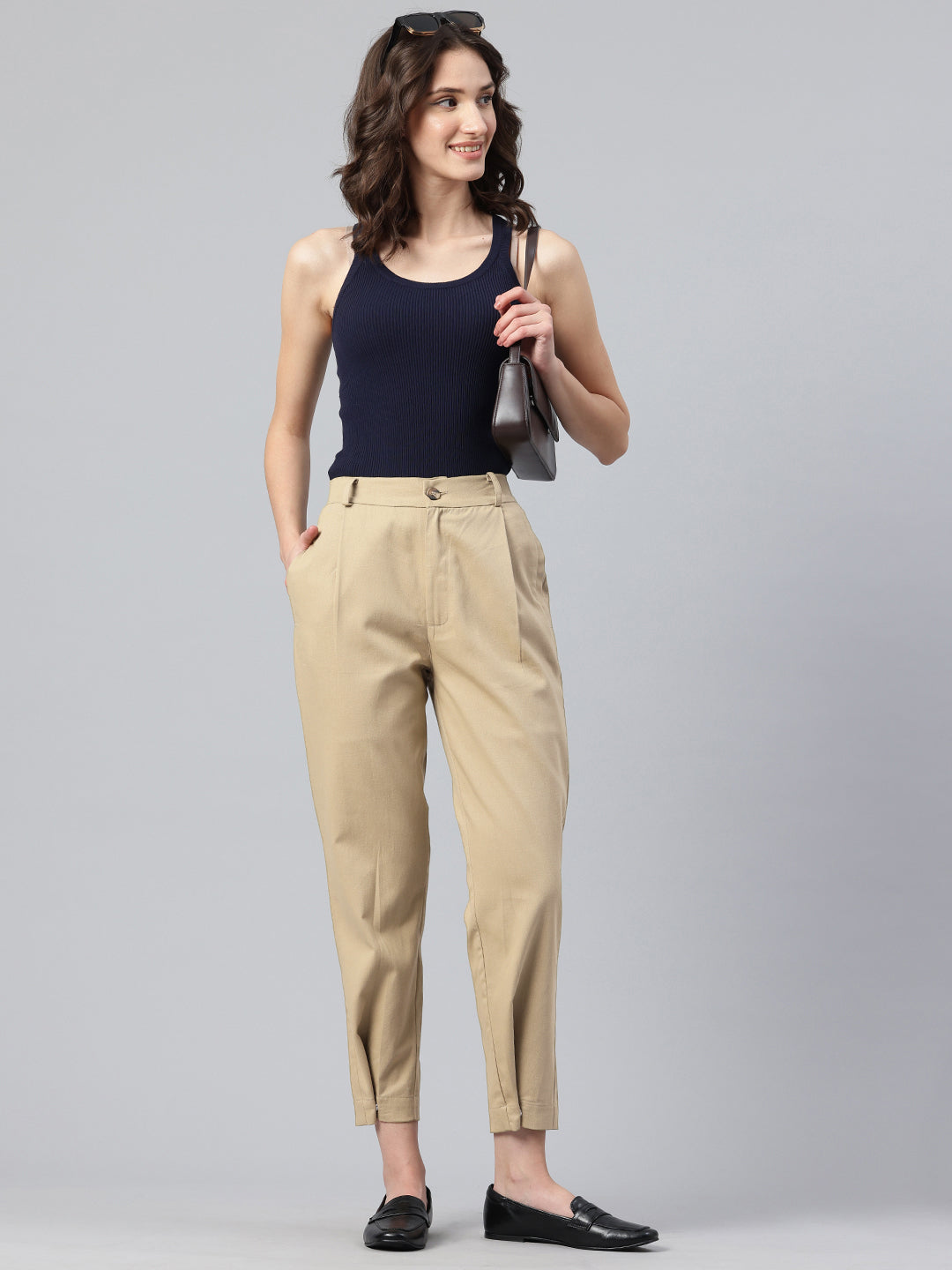 Popnetic Women Tapered Fit High-Rise Pleated Pure Cotton Chinos Trousers