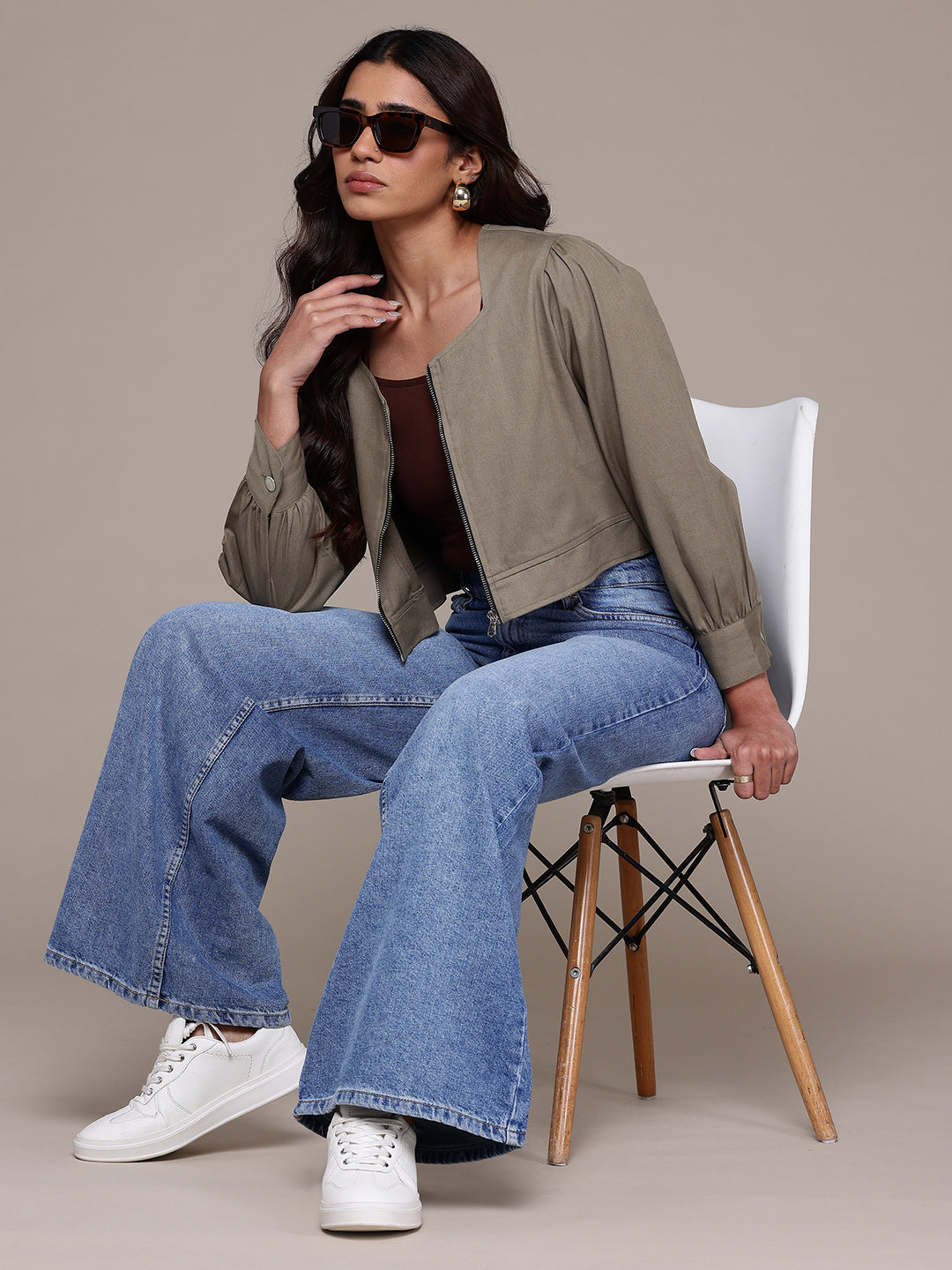 Popnetic Collarless Pure Cotton Crop Tailored Jacket