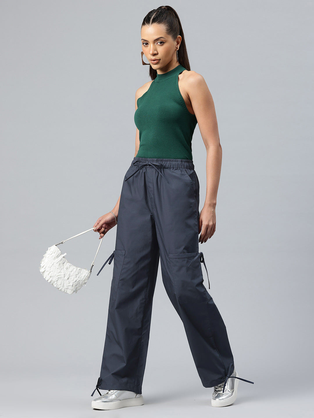 Popnetic Women Loose Fit High-Rise Parachute Cargo Trousers