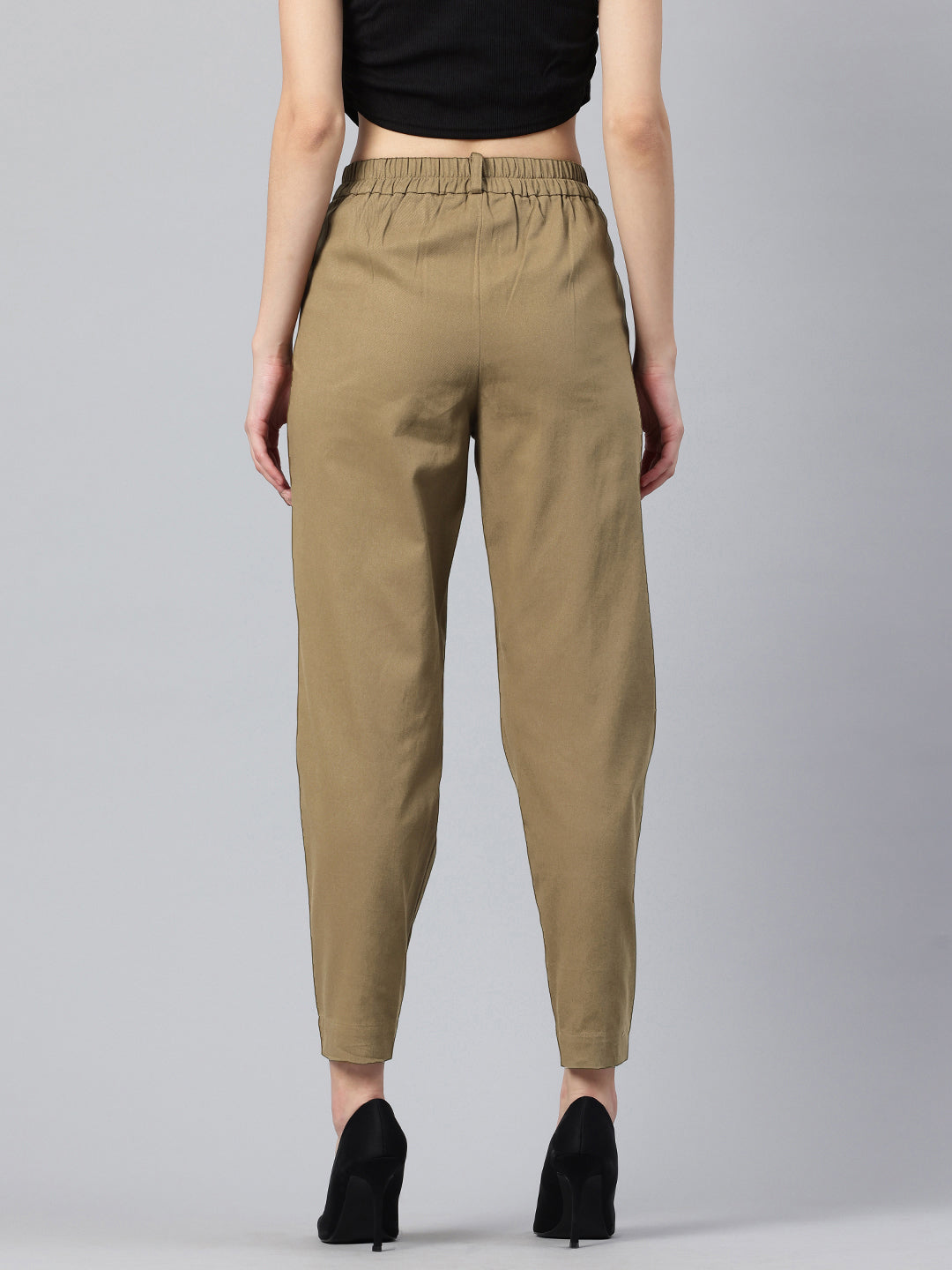 Popnetic Women Tapered Fit High-Rise Pleated Pure Cotton Chinos Trousers