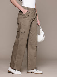 Popnetic Women High-Rise Pure Cotton Twill Weave Cargo-Style Wide Leg Trousers