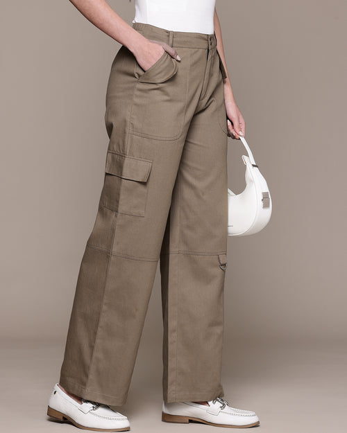 Popnetic Women High-Rise Pure Cotton Twill Weave Cargo-Style Wide Leg Trousers