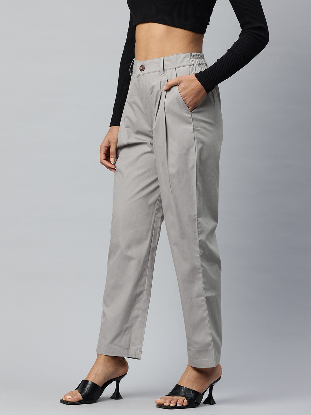 Popnetic Loose Fit High-Rise Pleated Pure Cotton Trousers