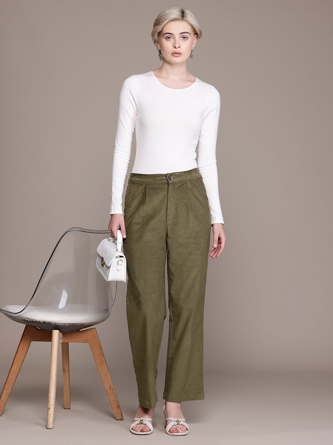 Popnetic Women Smart Straight Fit High-Rise Corduroy Pleated Trousers