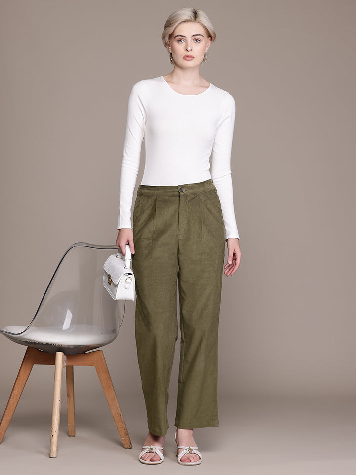 Popnetic Women Smart Straight Fit High-Rise Corduroy Pleated Trousers