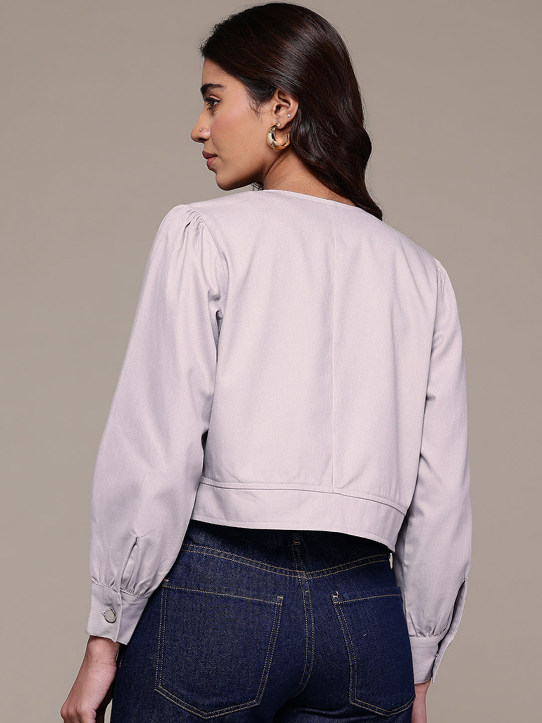 Popnetic Collarless Pure Cotton Crop Tailored Jacket