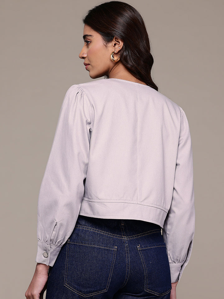 Popnetic Collarless Pure Cotton Crop Tailored Jacket