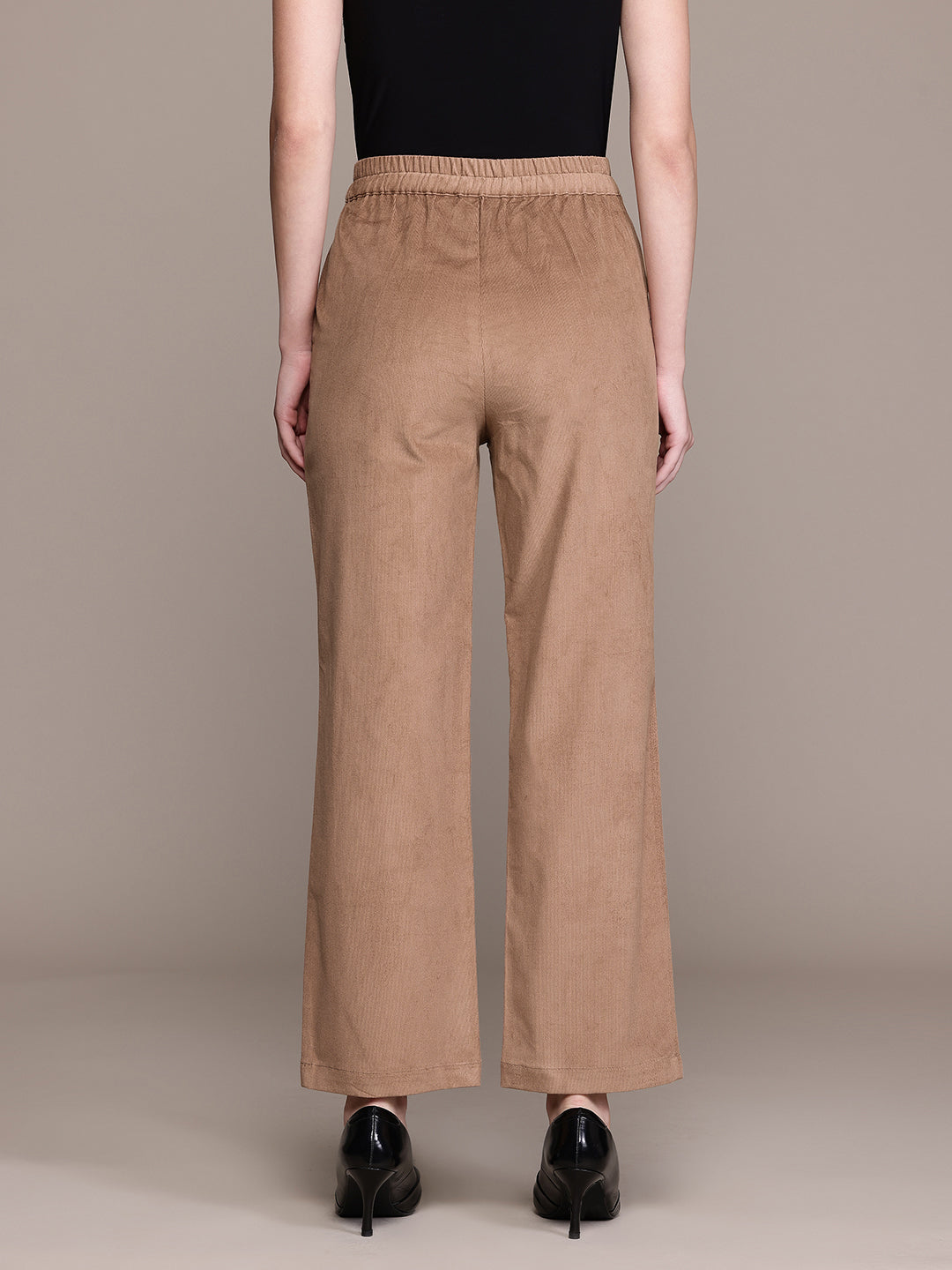 Popnetic Women Smart Straight Fit High-Rise Corduroy Pleated Trousers