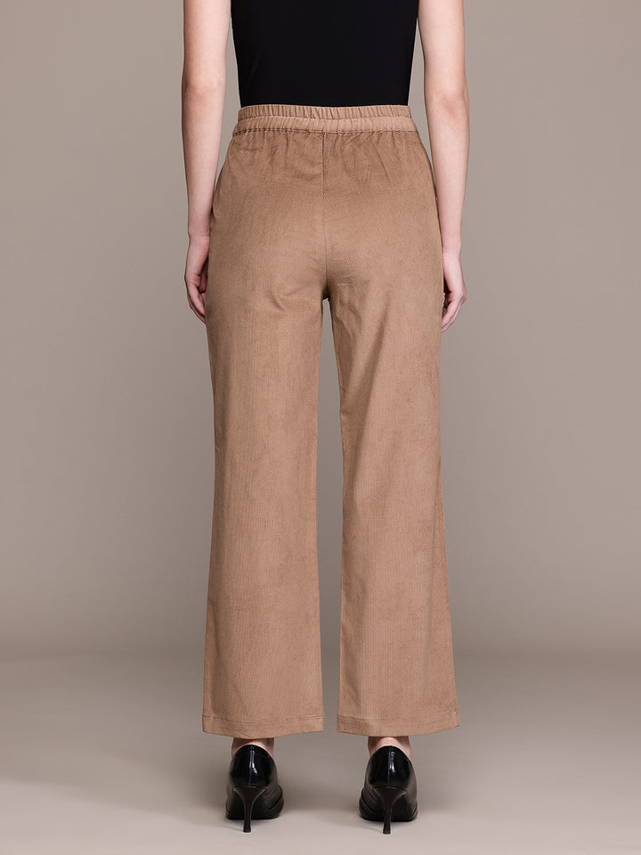 Popnetic Women Smart Straight Fit High-Rise Corduroy Pleated Trousers